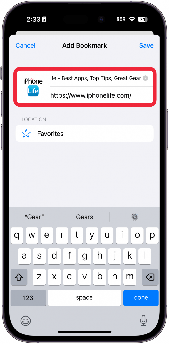 iphone safari add bookmark screen with a red box around title and url