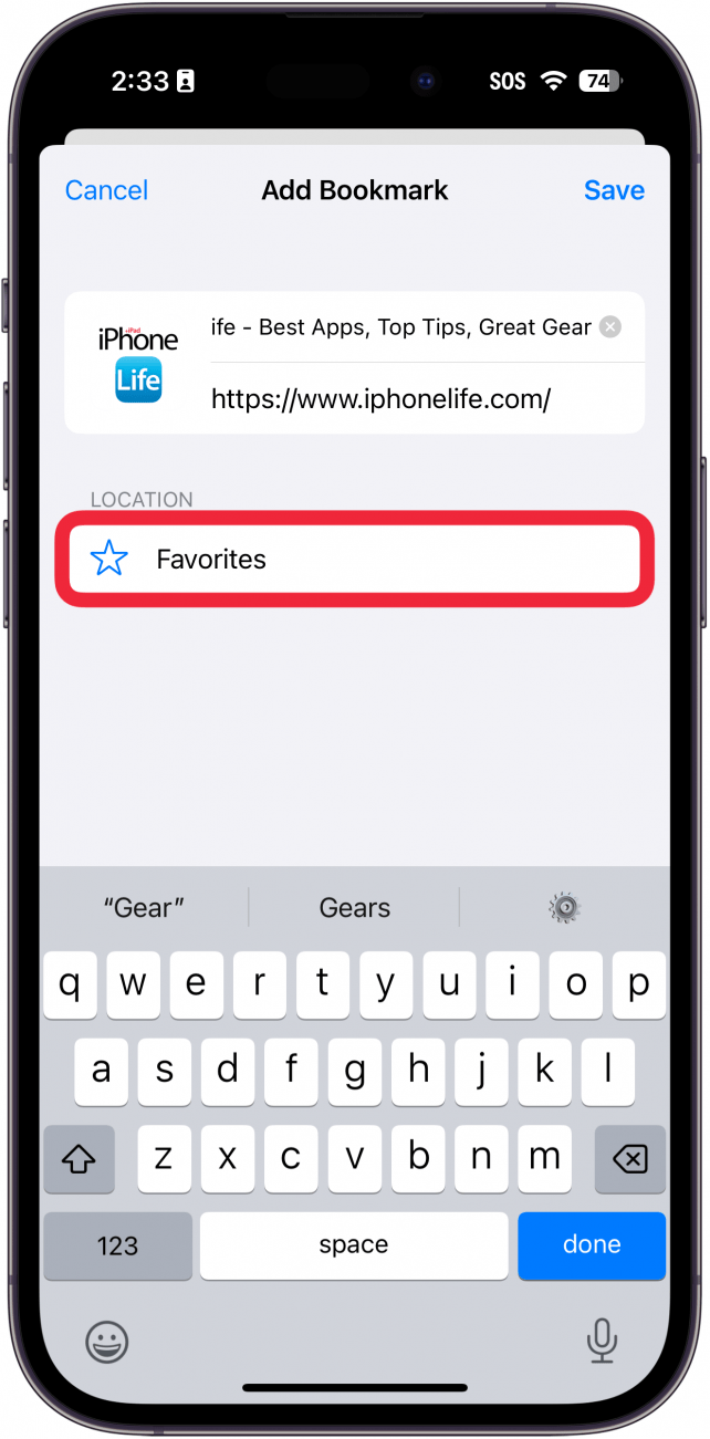 iphone safari add bookmark screen with a red box around favorites folder