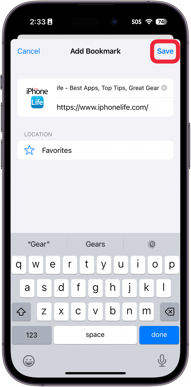 iphone safari add bookmark screen with a red box around save button