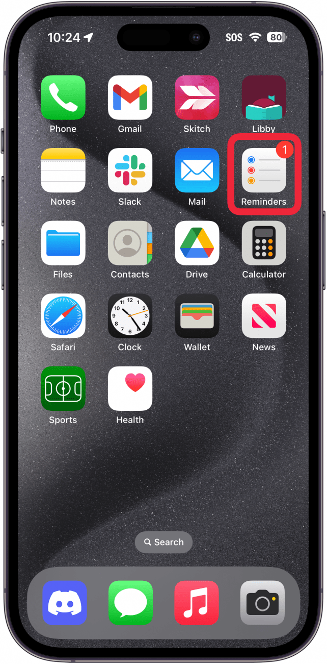 iphone home screen with a red box around reminders app