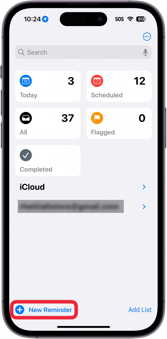 iphone reminders app with a red box around new reminder
