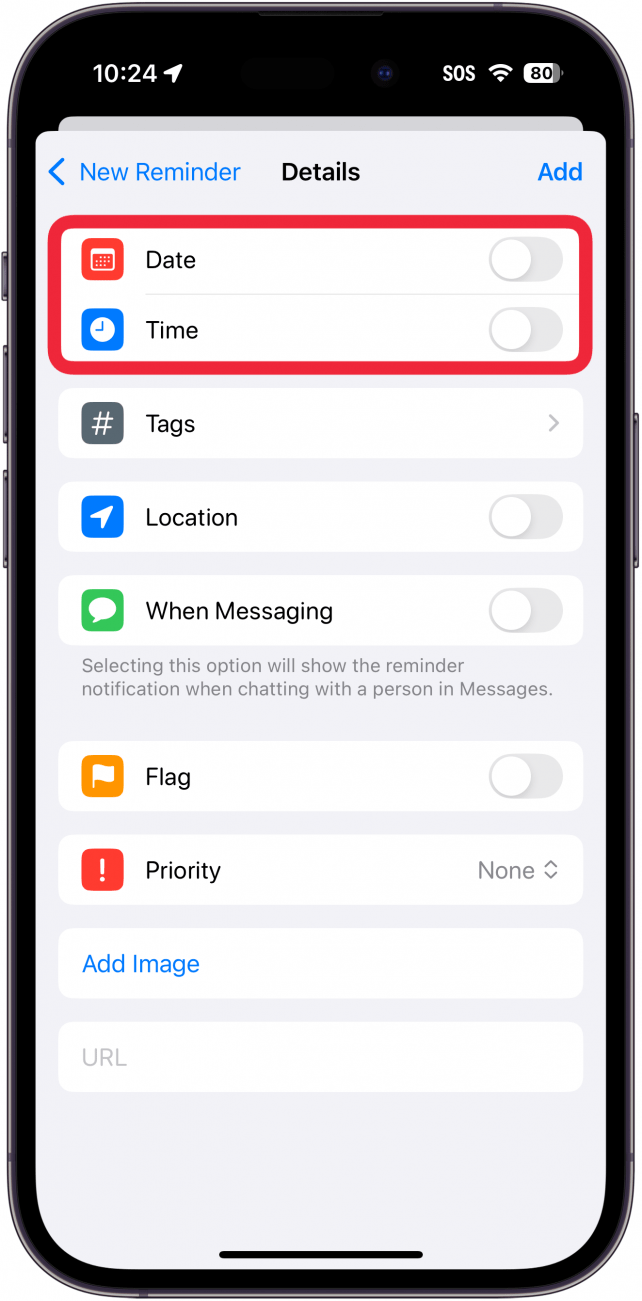 iphone reminders app create new reminder details window with a red box around date and time options