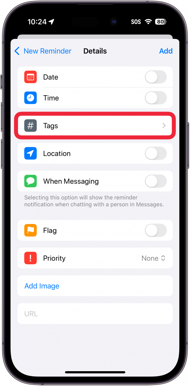 iphone reminders app create new reminder details window with a red box around tags