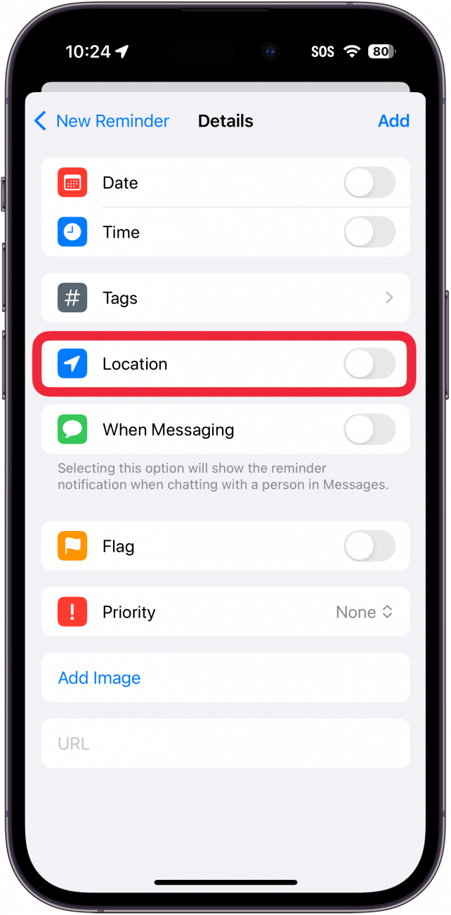 iphone reminders app create new reminder details window with a red box around location toggle