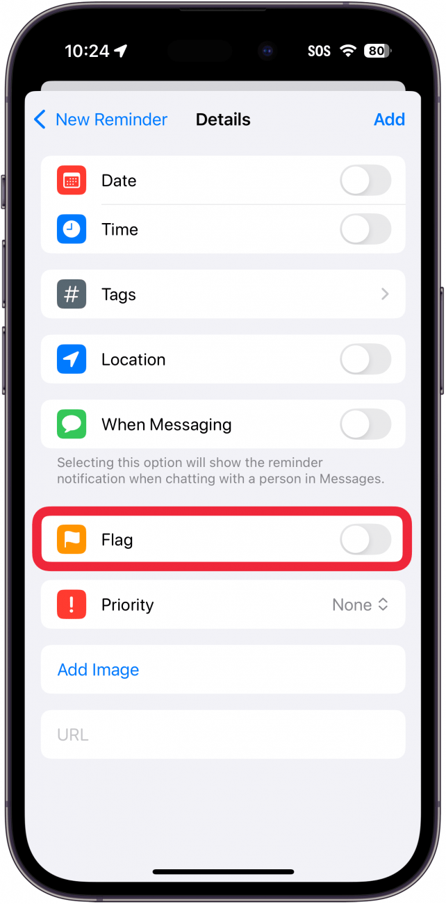 iphone reminders app create new reminder details window with a red box around flag toggle