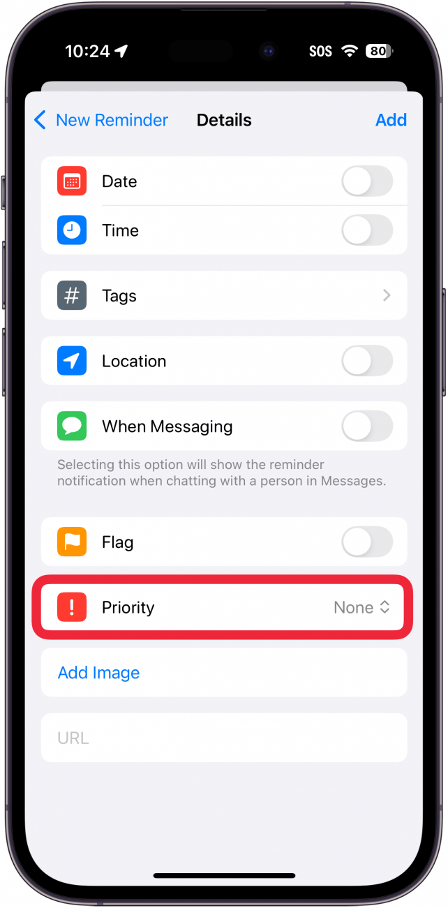 iphone reminders app create new reminder details window with a red box around priority