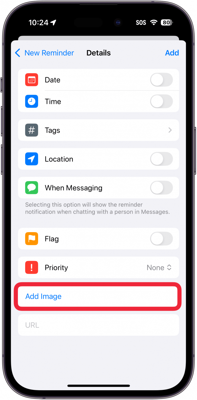 iphone reminders app create new reminder details window with a red box around add image button