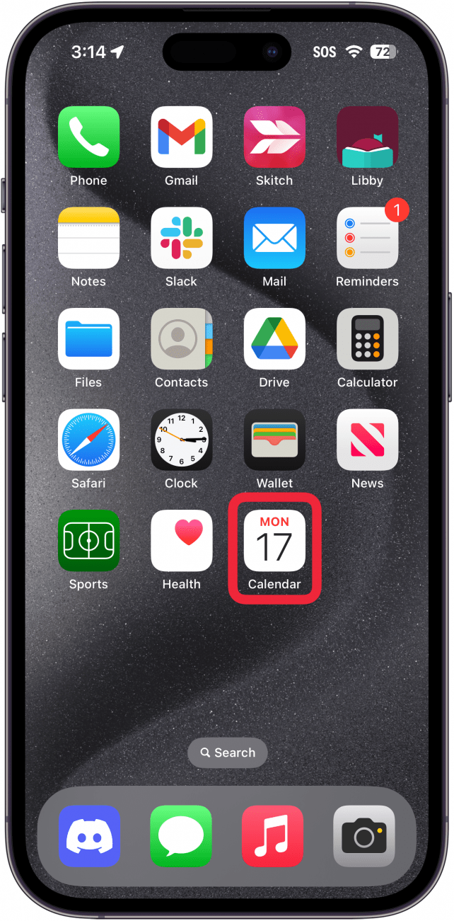 iphone home screen with a red box around Calendar app