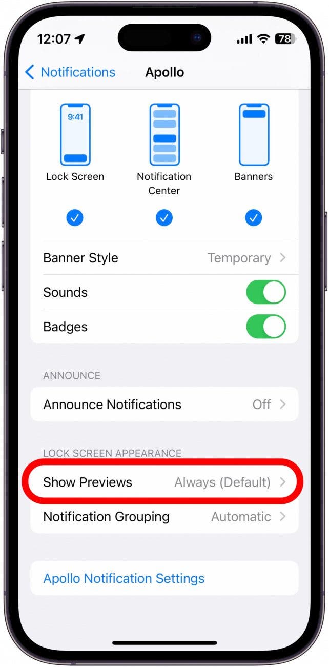 Scroll down and tap Show Previews to select whether or not that specific app will show previews on the Lock Screen.