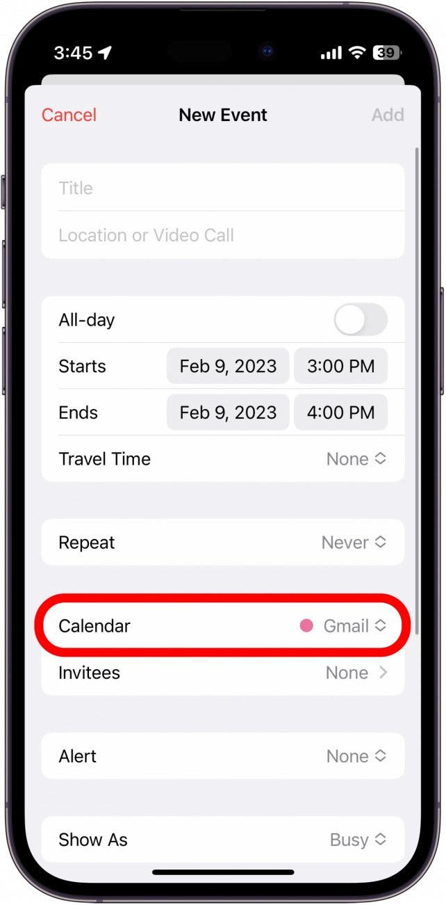 When creating a new event, you can choose which Calendar it should be assigned to by tapping Calendar.