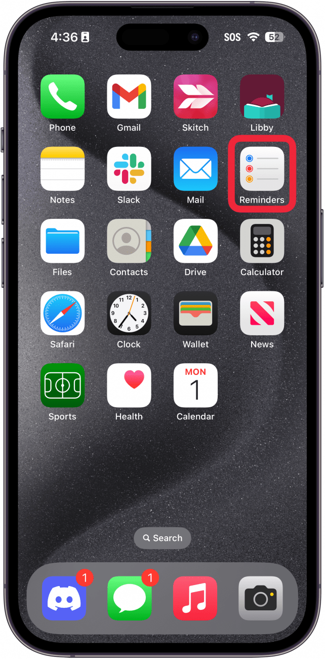 iphone home screen with a red box around reminders app