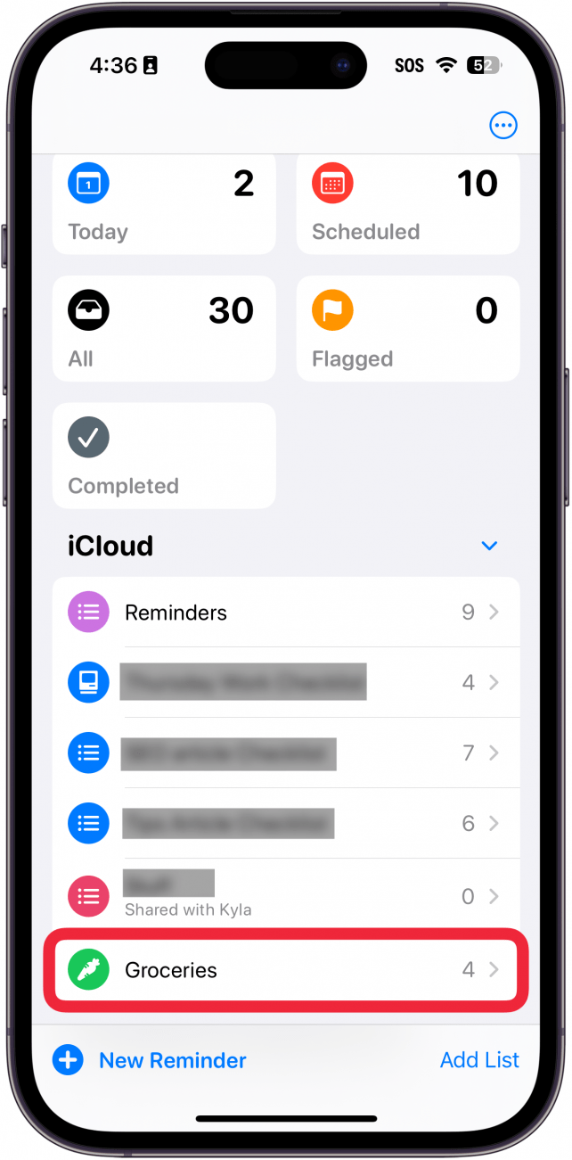 iphone reminders app with a red box around a list titled groceries