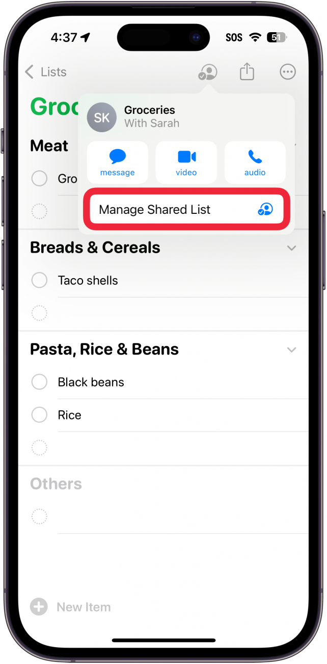 iphone reminders app list displaying a window showing who the list has been shared with, with a red box around manage shared list button