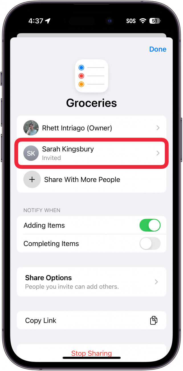 iphone reminders app shared list management screen with a red box around contact named Sarah