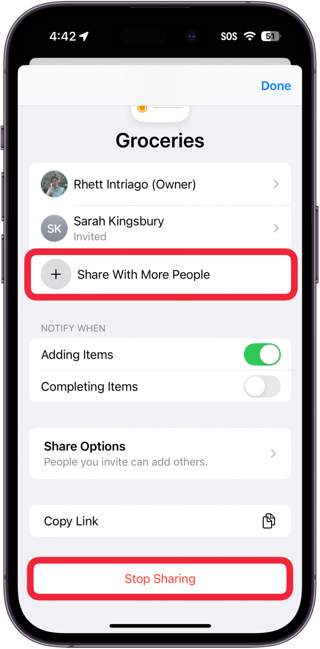 iphone reminders app shared list management screen with a red box around share with more people and stop sharing buttons