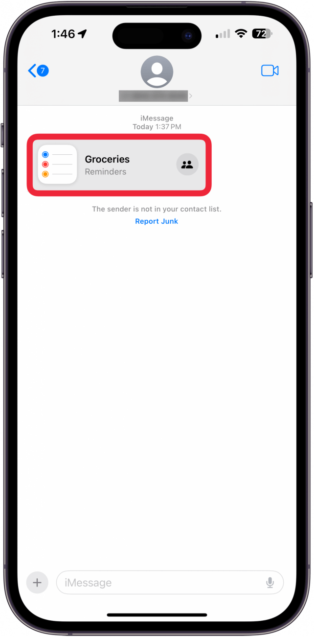 iphone messages app displaying a reminders list collaboration invite with a red box around the message