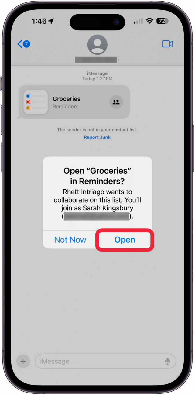 iphone messages app displaying a reminders list collaboration invitation window with a red box around the open button