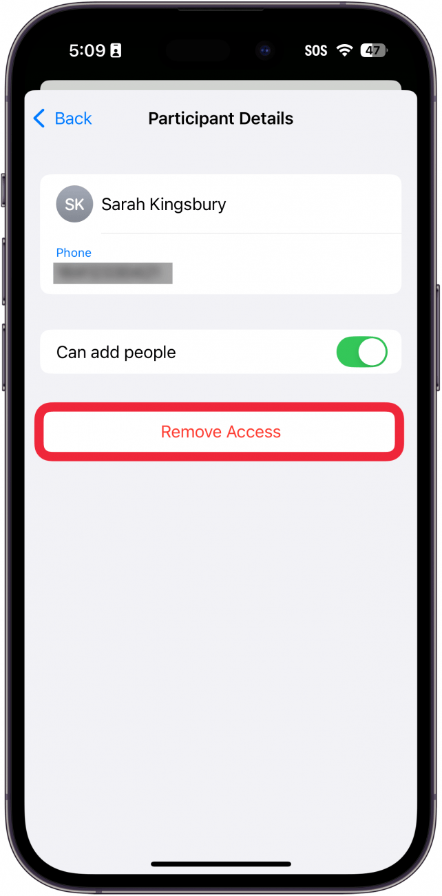 iphone reminders app manage shared list screen with a red box around remove access button