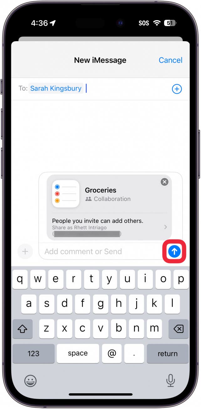 iphone messages app displaying a reminders list collaboration invite with a red box around send button