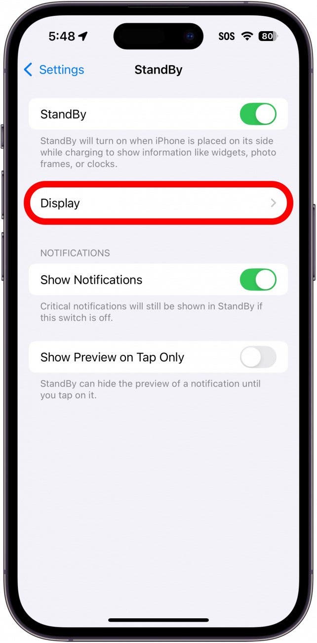 iphone standby settings with a red box around display