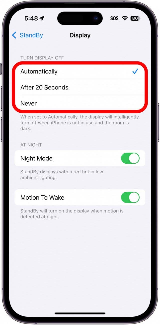 iphone standby display settings with a red box around turn display off options