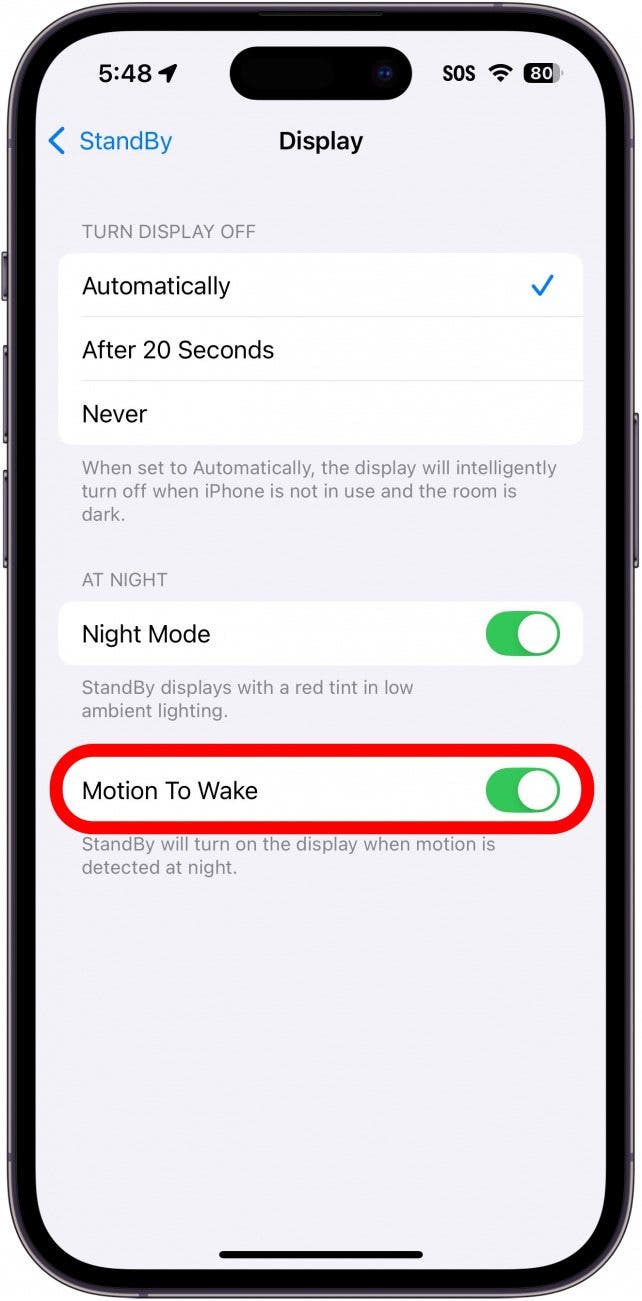 iphone standby display settings with a red box around motion to wake toggle