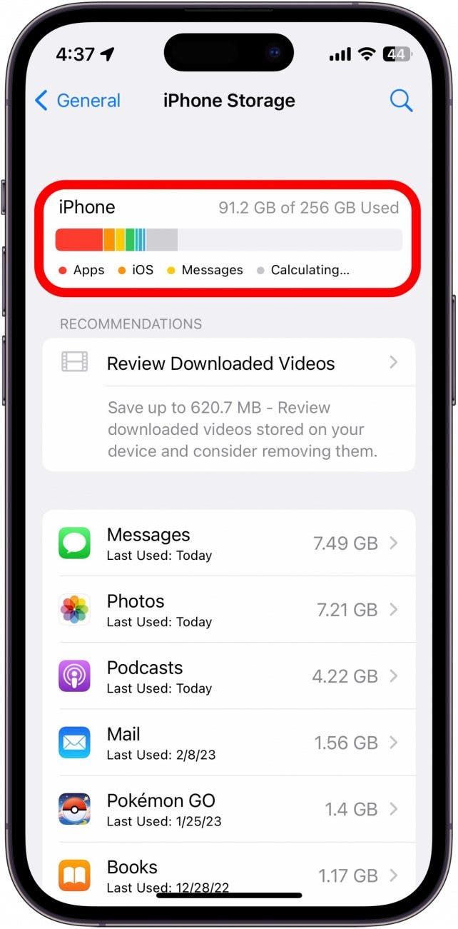 Here, you can see how much storage your iPhone has, and what data is currently occupying your device.