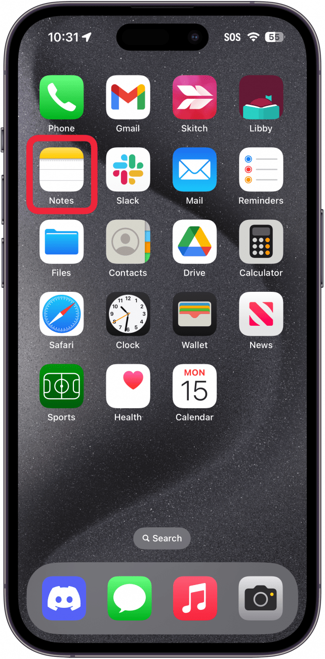 iphone home screen with a red box around the notes app