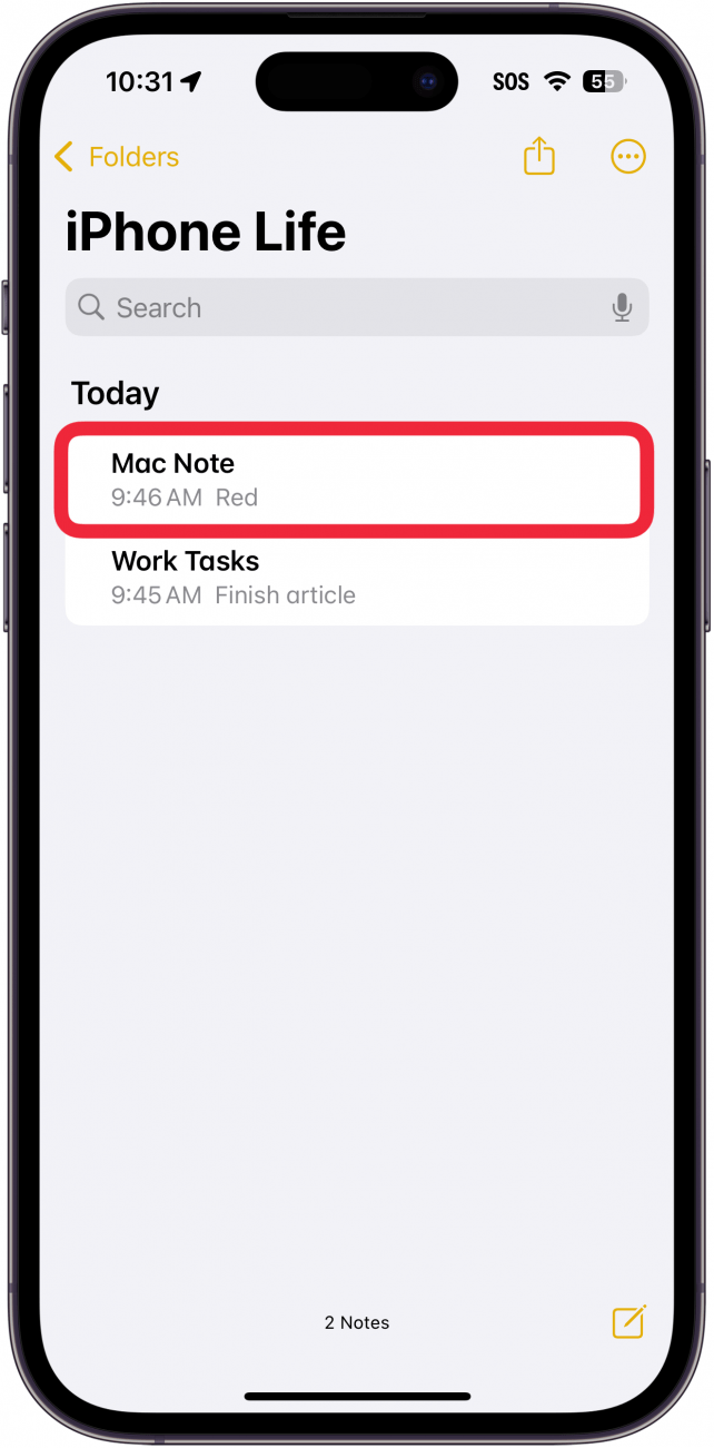 iphone notes app with a red box around a note entitled "Mac note"