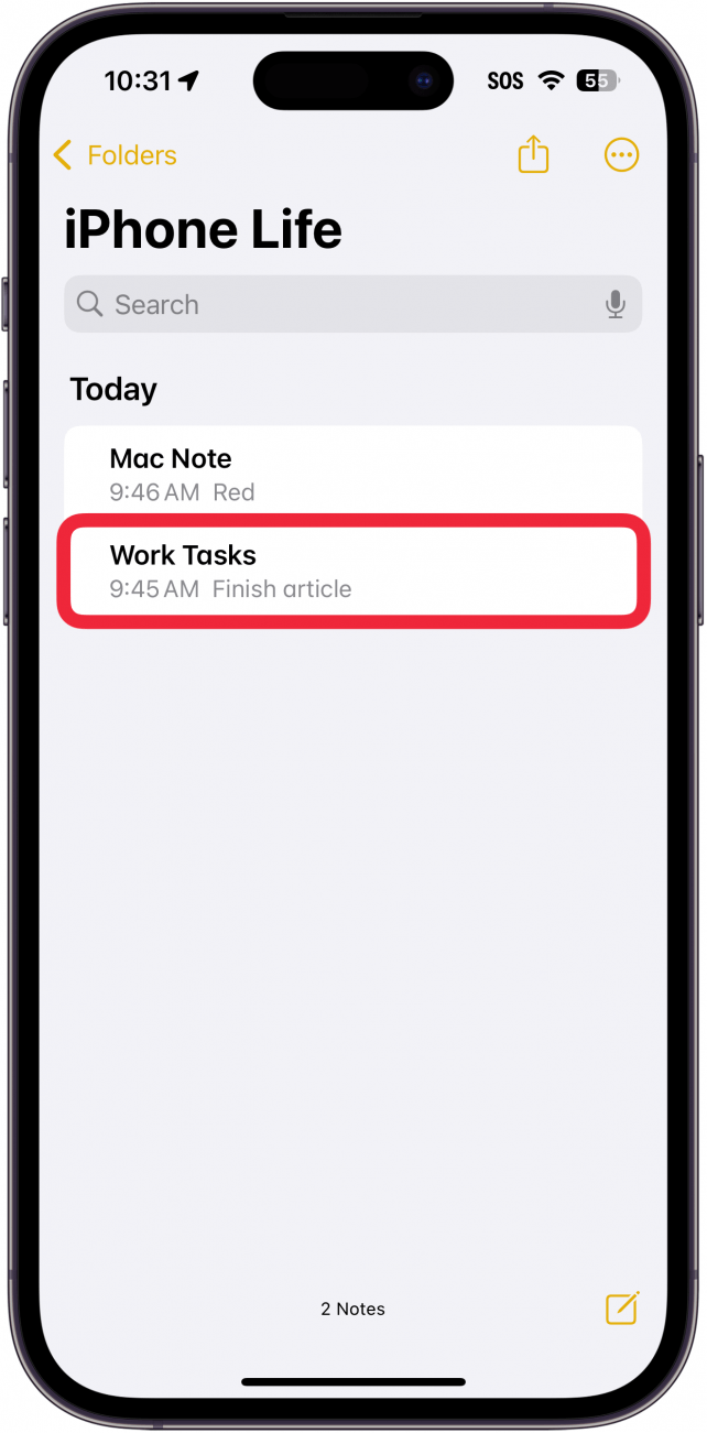 iphone notes app with a red box around a note entitled "work tasks"