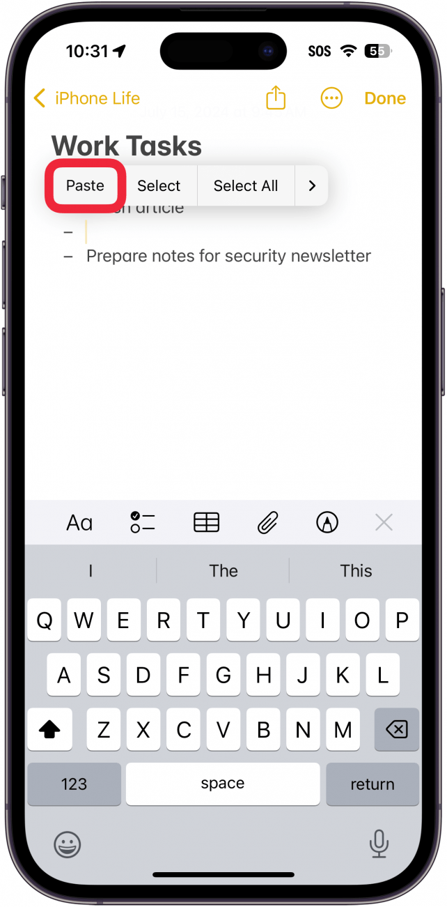 iphone notes app with a note open displaying text options with a red box around paste button