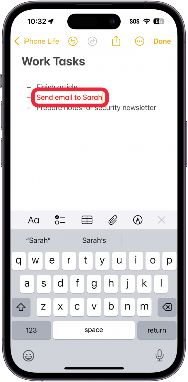 iphone notes app with a note open and a red box around red text