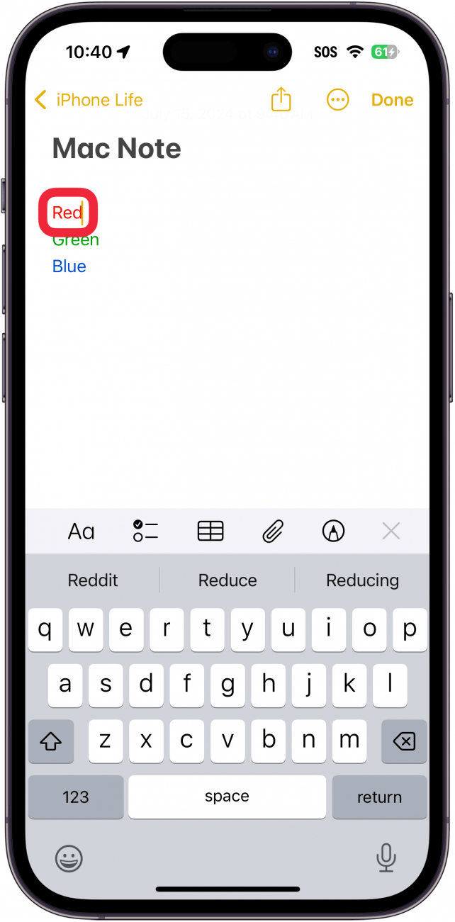 iphone notes app with a note open and a red box around red text