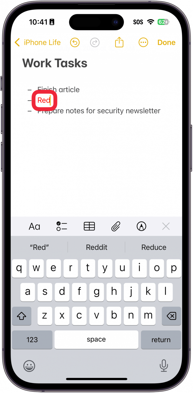 iphone notes app with a note open and a red box around red text