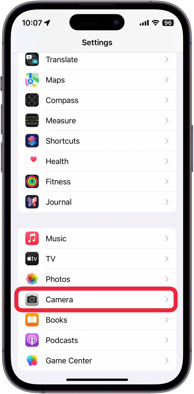 iphone settings with a red box around camera