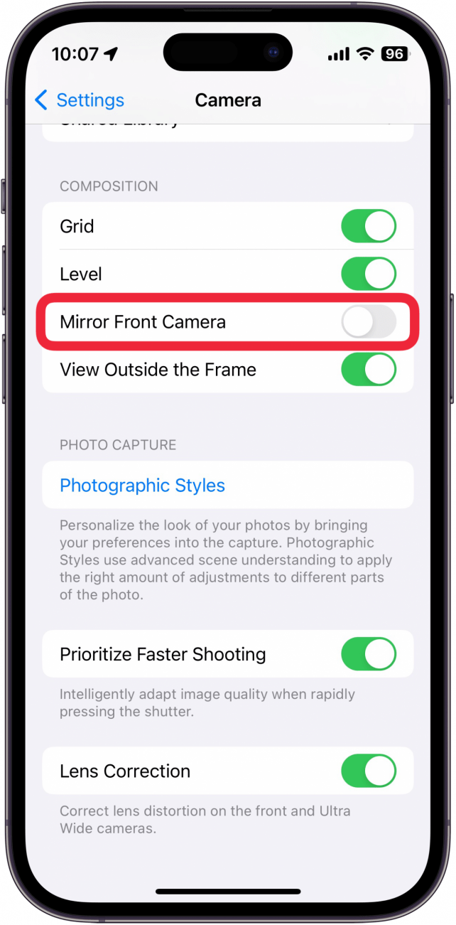 iphone camera settings with a red box around mirror front camera toggle which is gray