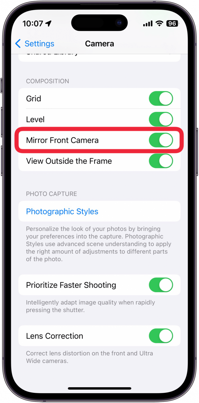 iphone camera settings with a red box around mirror front camera toggle which is green