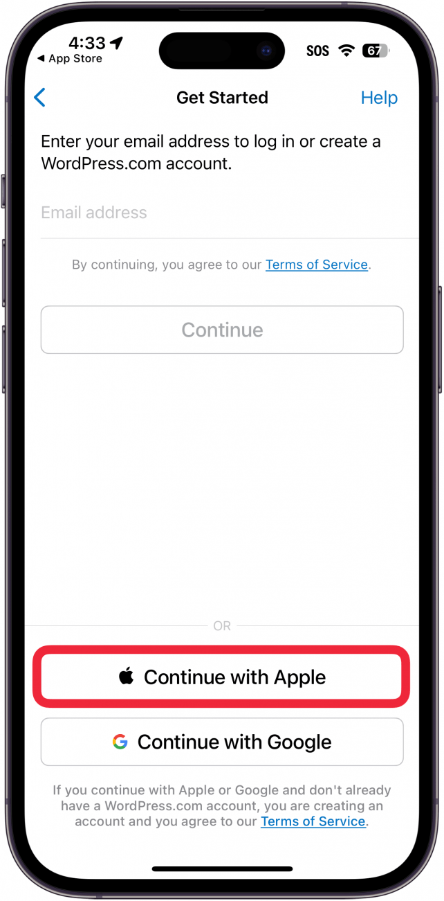iphone wordpress app with a red box around continue with apple button