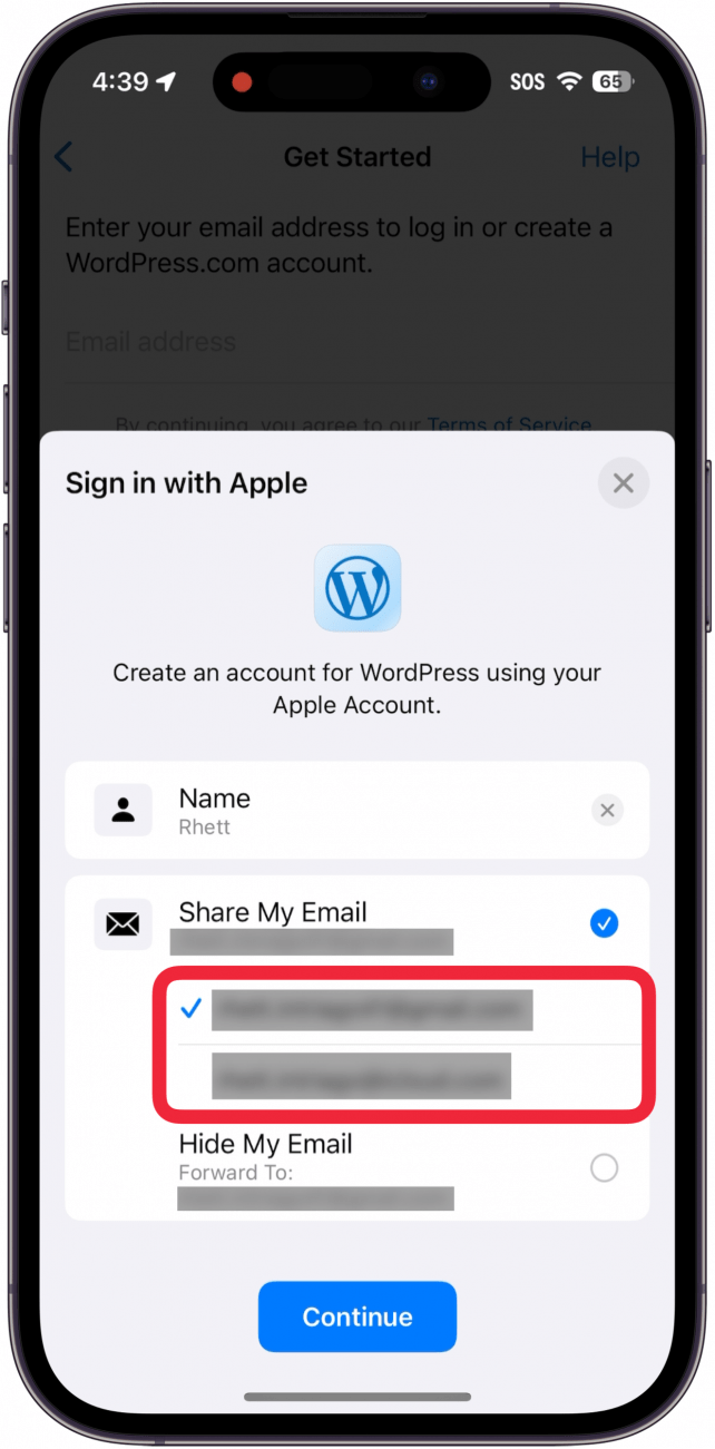 iphone sign in with apple pop up with a red box around share my email options