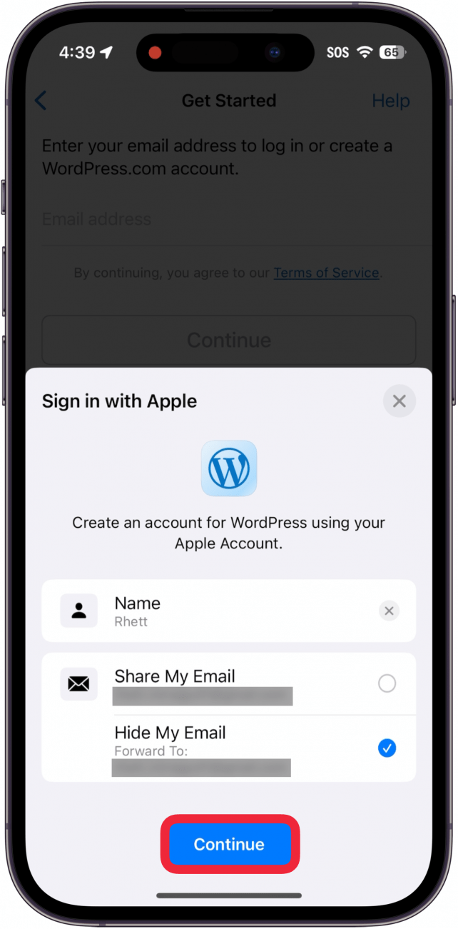 iphone sign in with apple pop up with a red box around continue button