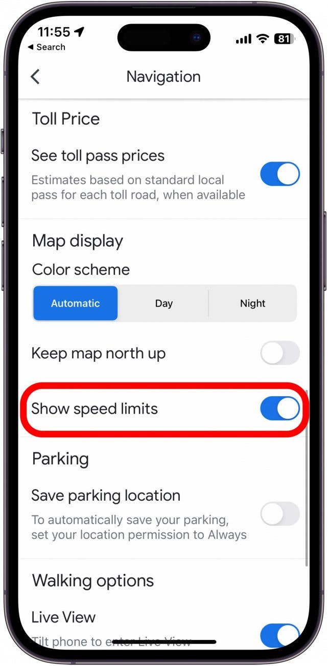 Scroll down, and tap the toggle next to Show speed limits. The toggle should be to the right and colored blue when it is turned on.