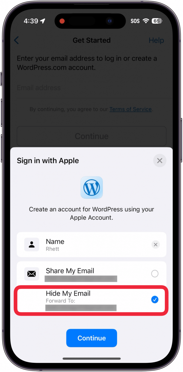 iphone sign in with apple pop up with a red box around hide my email option