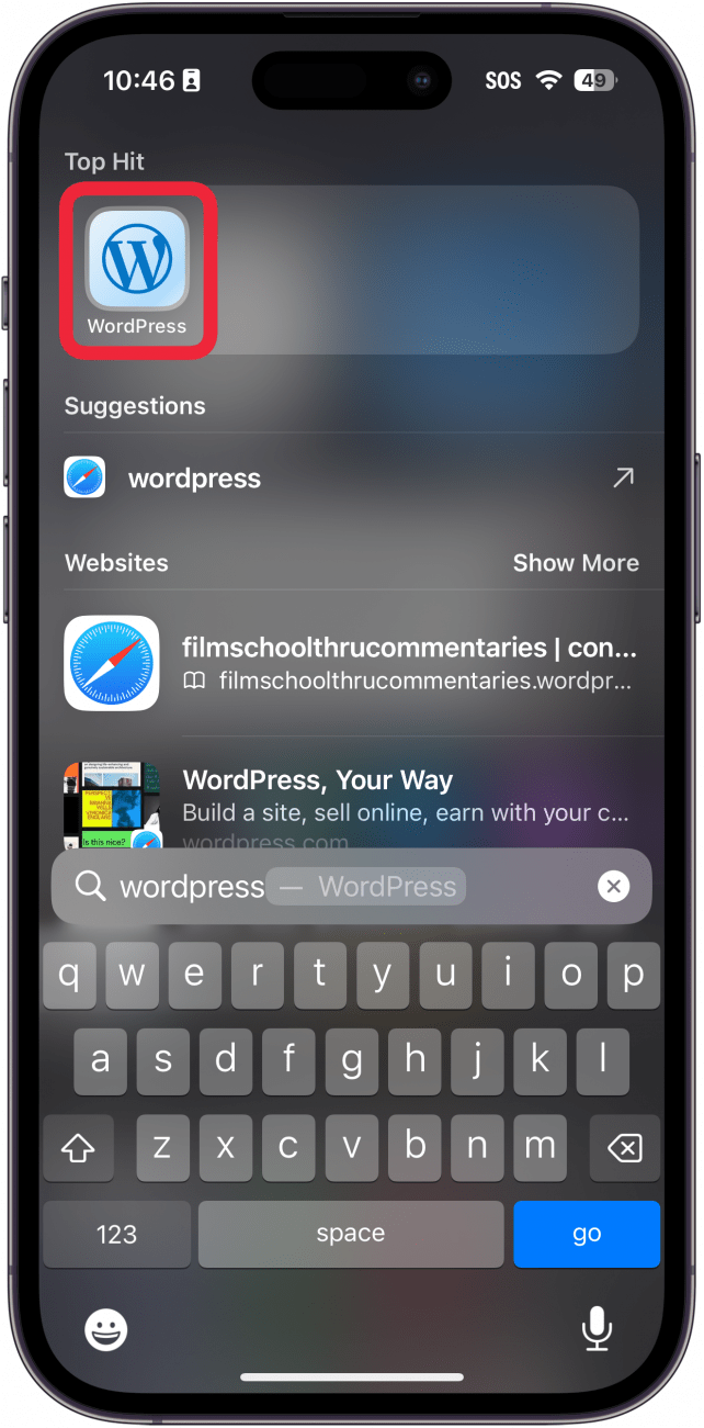 iphone spotlight search with a red box around wordpress app