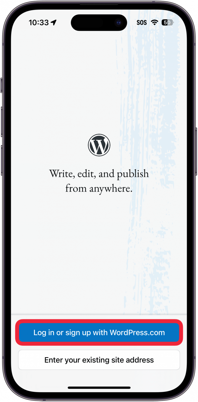 iphone wordpress app with a red box around Log in or sign up with WordPress.com button