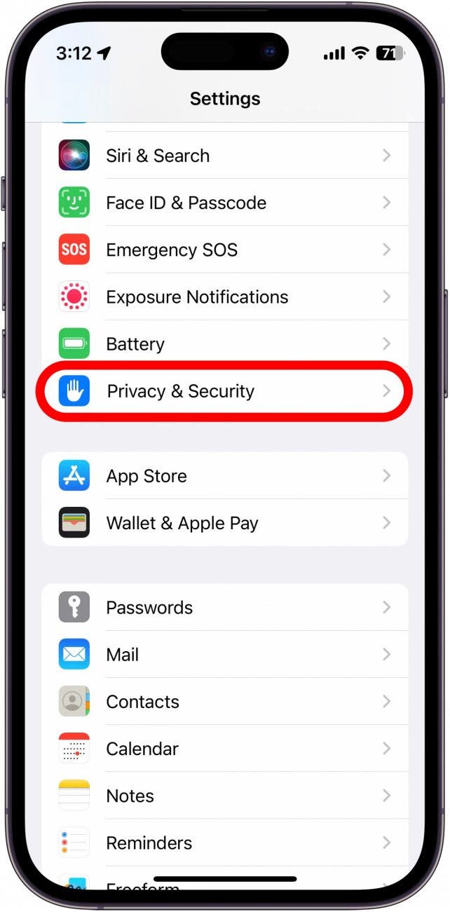 Open the Settings app, and tap Privacy & Security.