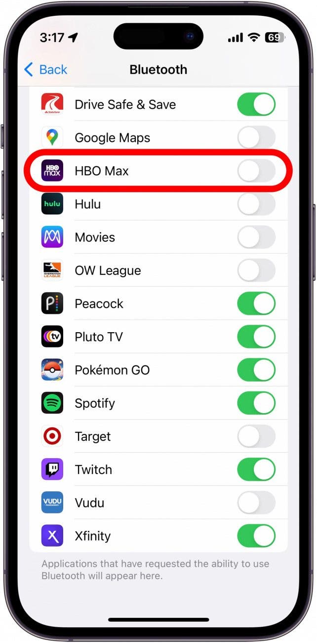 You’ll see a list of apps that are using Bluetooth. To disable Bluetooth for any app, tap the toggle next to it. 