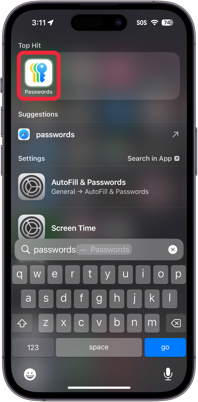 iphone spotlight search with a red box around the passwords app