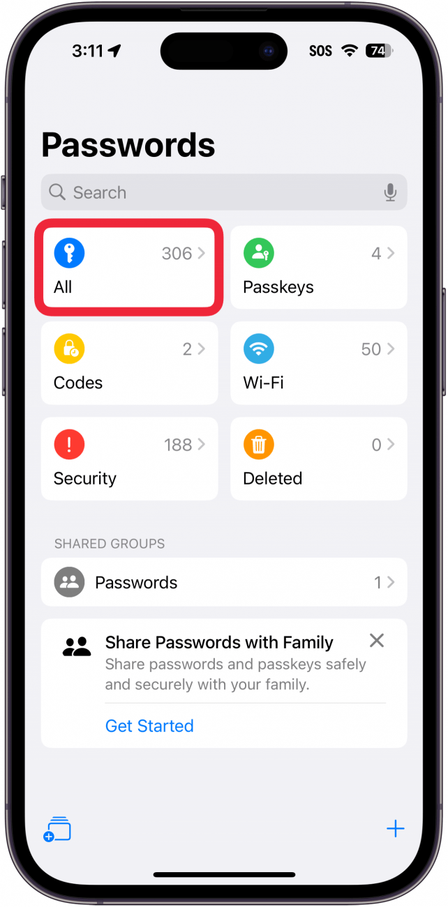 iphone passwords app with a red box around all