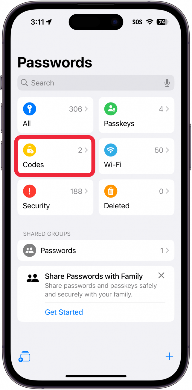 iphone passwords app with a red box around codes