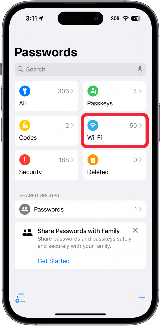 iphone passwords app with a red box around wi-fi